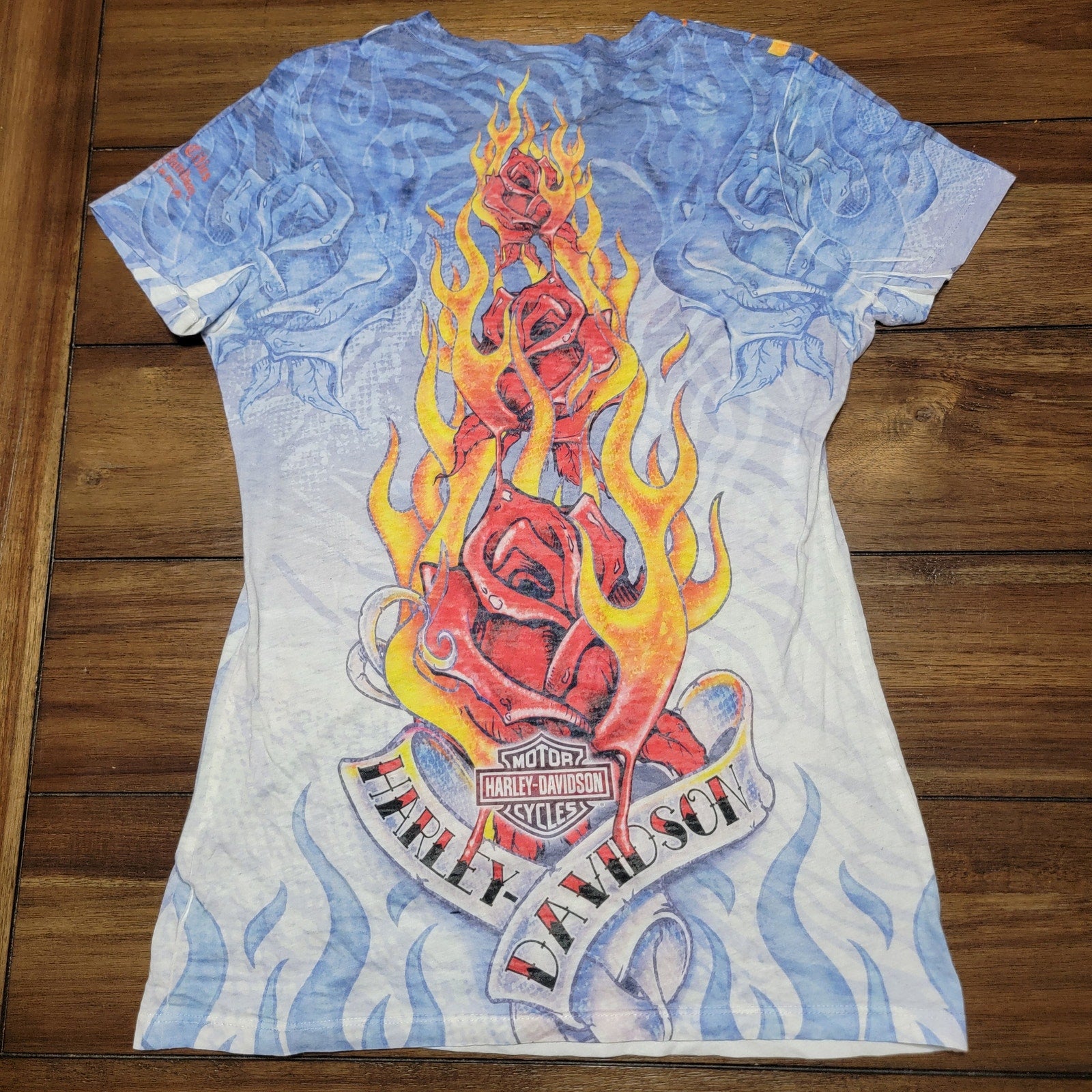 Harley-Davidson Lt. Blue Blouse Flame Roses - Size Junior XL