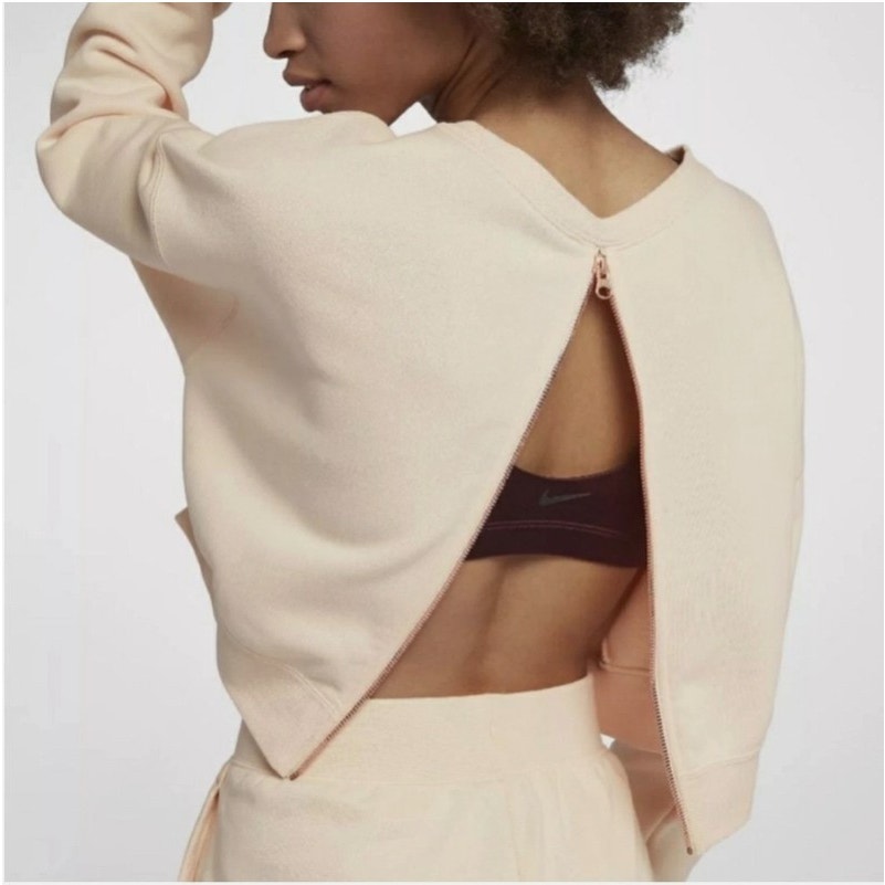 Nike LS Beige Crop Sweatshirt Gold Logo Full Zip on the Back - Size Small