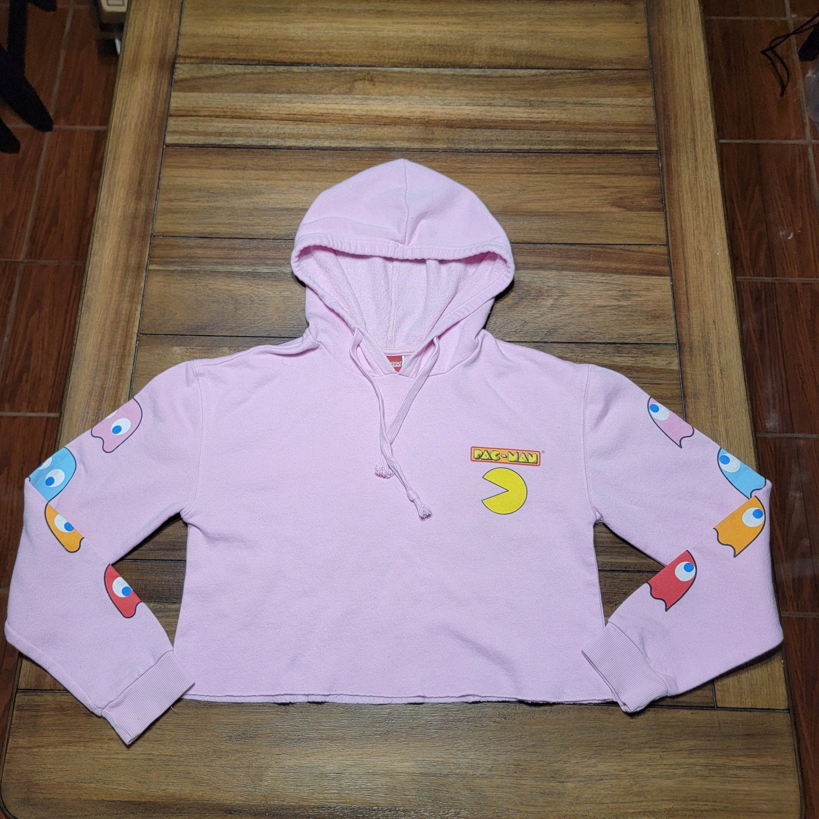 Pac-Man LS Pink Crop Hoodie Ghosts on the Sleeves - Size XS