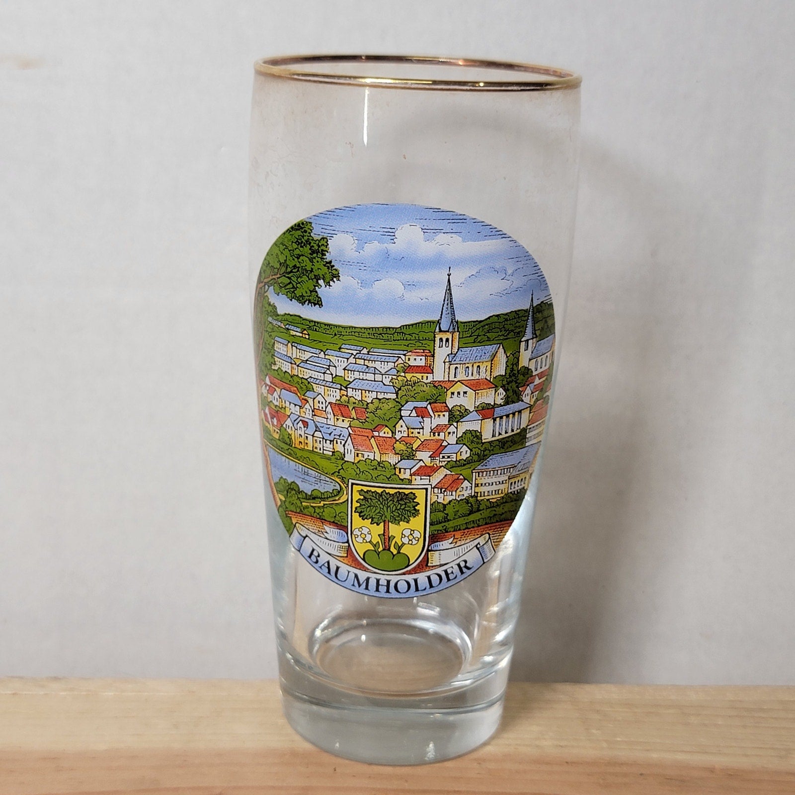 VINTAGE German Souvenir Beer Glass w/ Gold Rim "Baumholder"