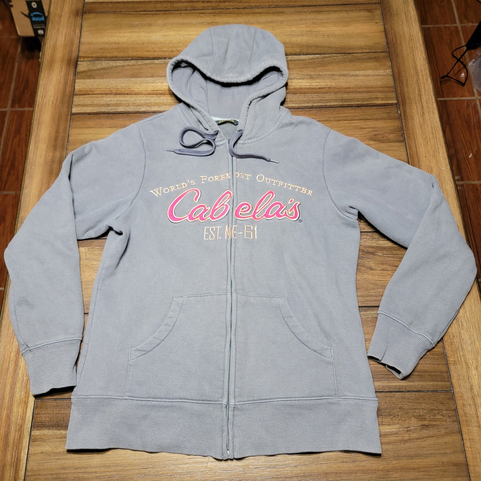 Cabela's Grey Full Zip Hooded Jacket Pink Logo - Size Med Reg