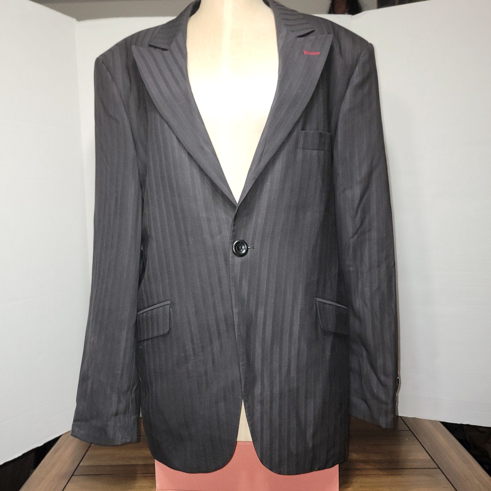 Artine Black Pinstripe 1-Button Suit Blazer w/ Bling Skull on Back - Size XL