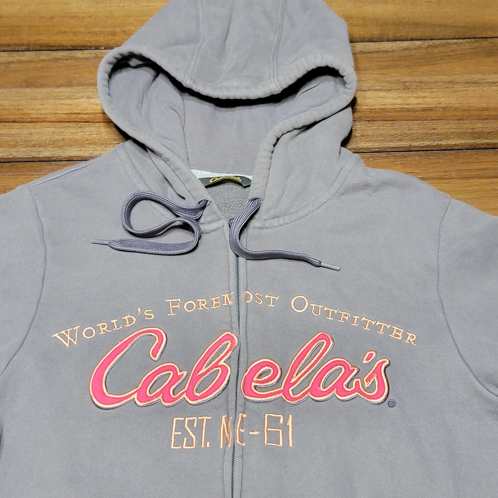 Cabela's Grey Full Zip Hooded Jacket Pink Logo - Size Med Reg