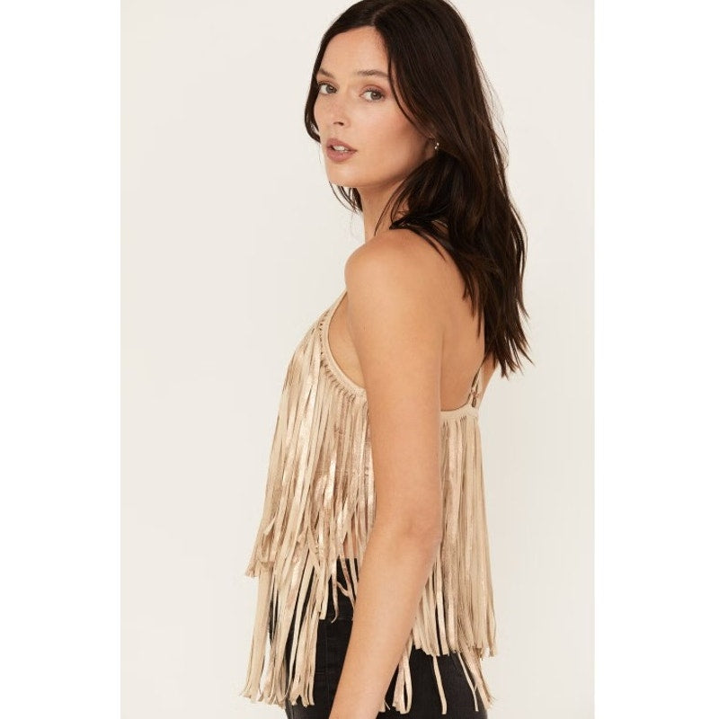 Shyanne Lt. Golden Women's Cropped Fringe Tank Top - Size Small