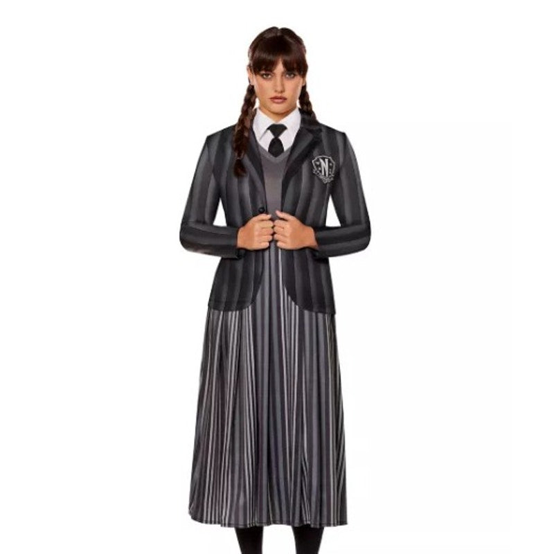 2 Pc Wednesday Addams Adult Costume w/ Wig - Size Medium NEW