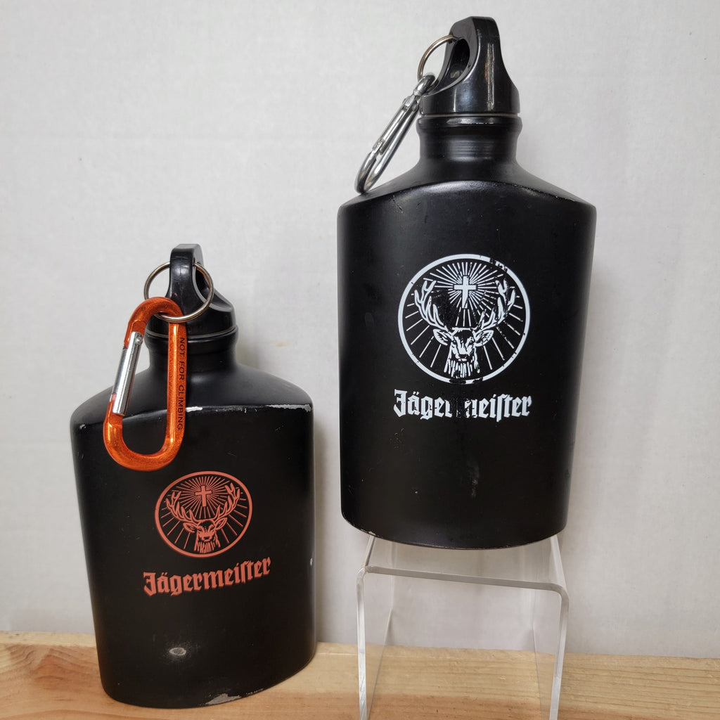 Set of 2 Jägermeister Black Aluminum Hip Flasks w/ Carabiners