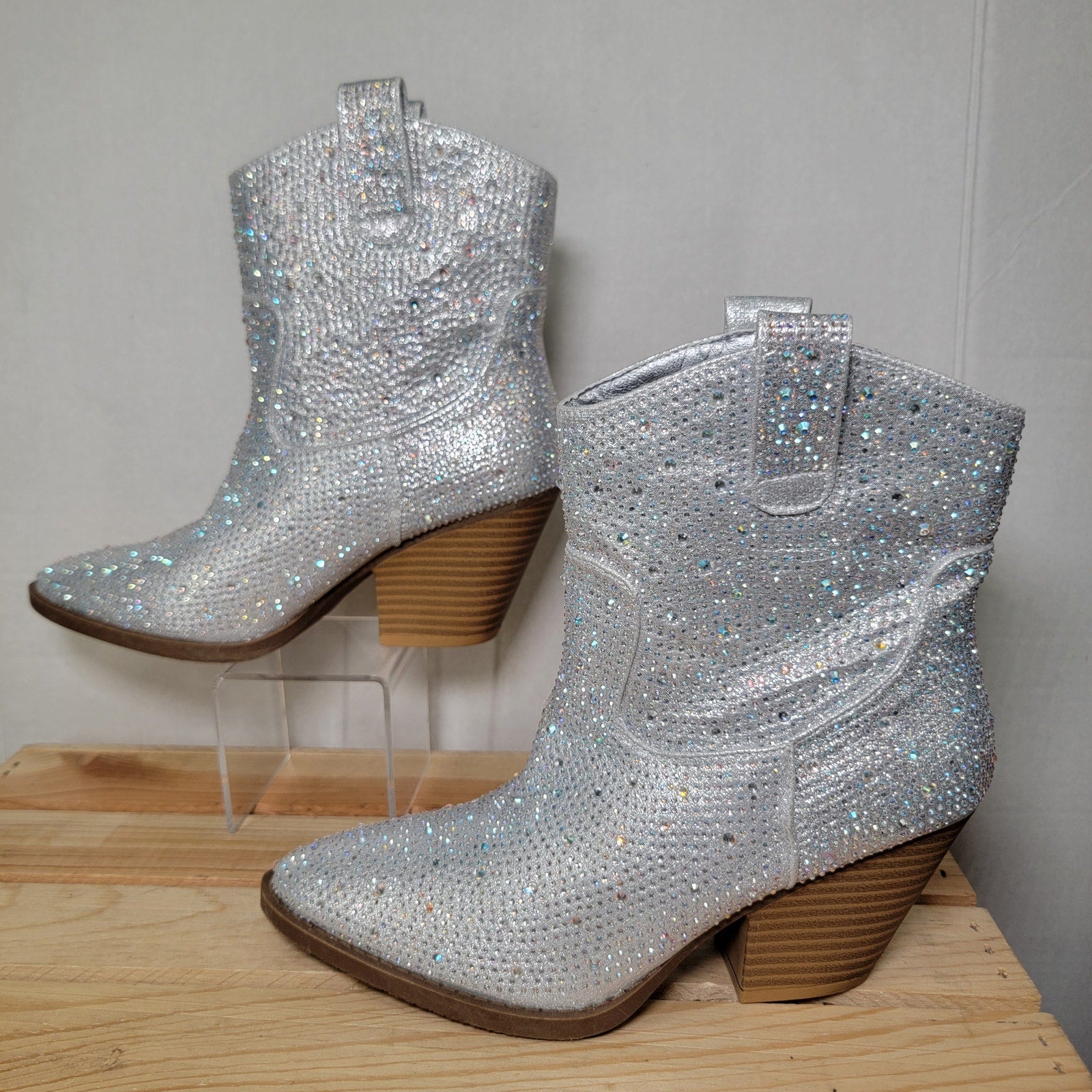 Forever Silver Rhinestone Cowboy Ankle Boots - Size 7
