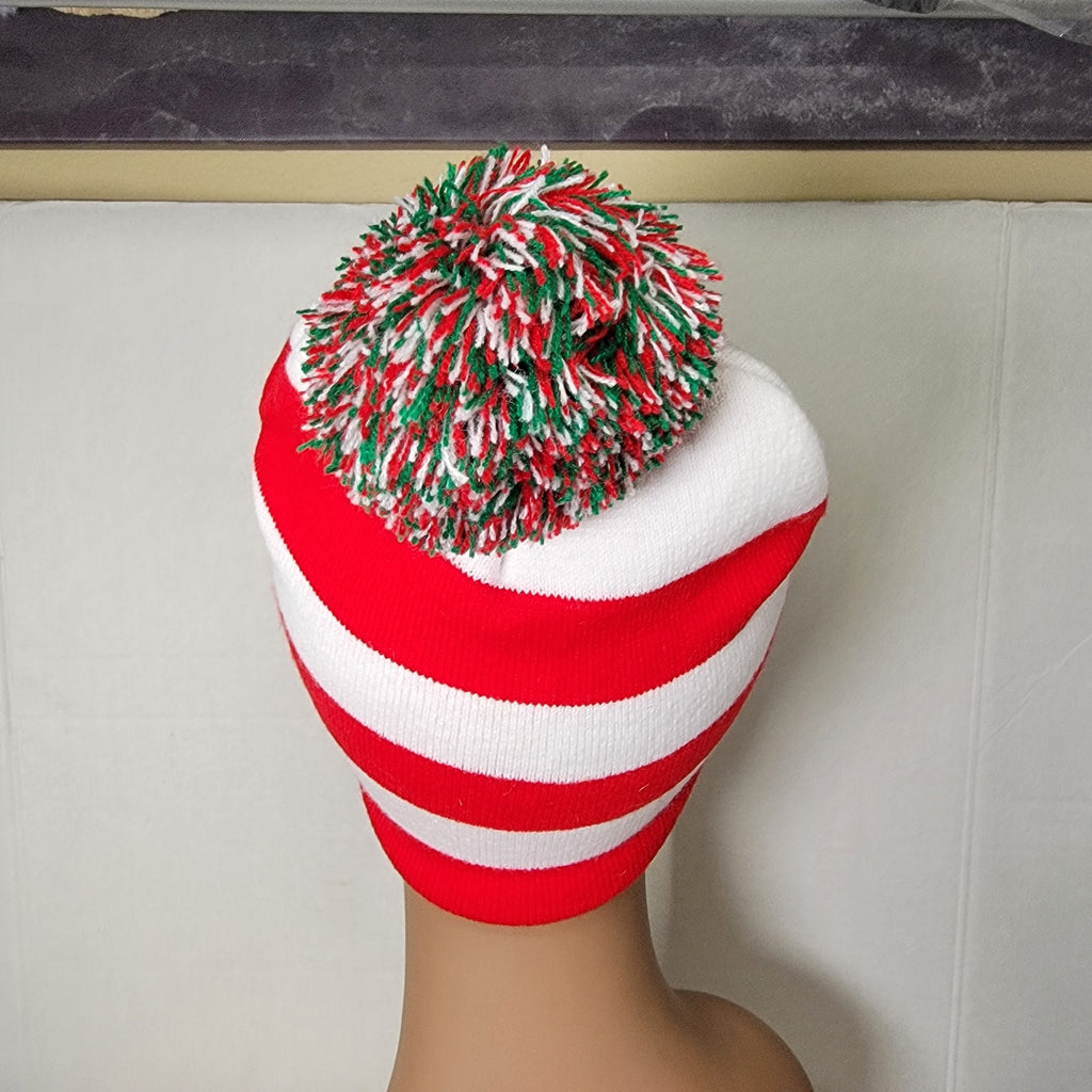 Red & White Stripe Christmas Knit Hat w/ Lights & Pom