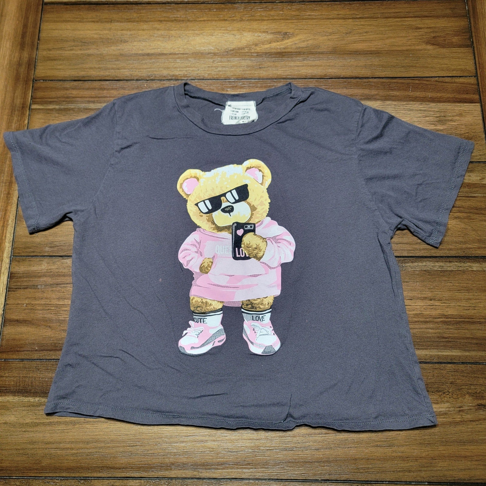 French Pastry Dark Grey Tee Hoodie Bear - Size Medium