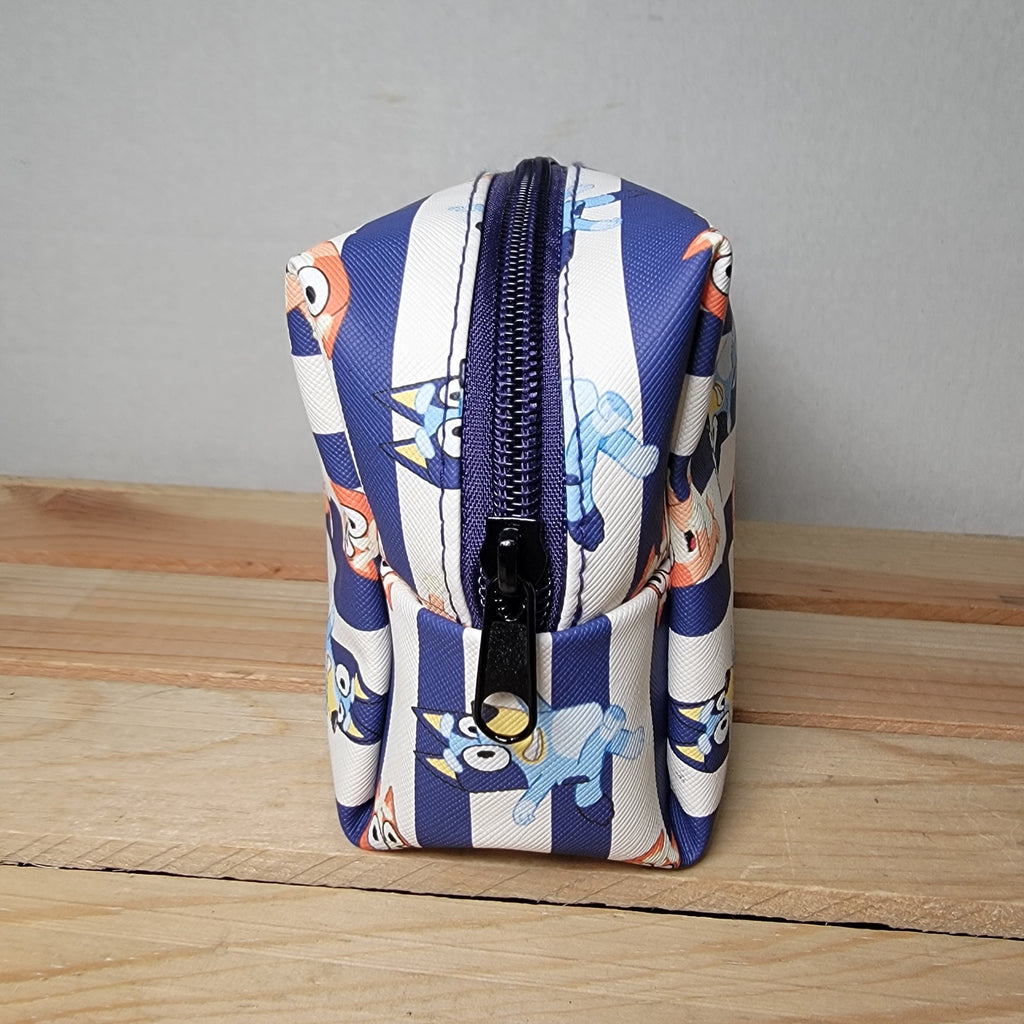 Bluey Blue & White Stripe Cosmetic Bag w/ All Over Characters & Zipper Closure
