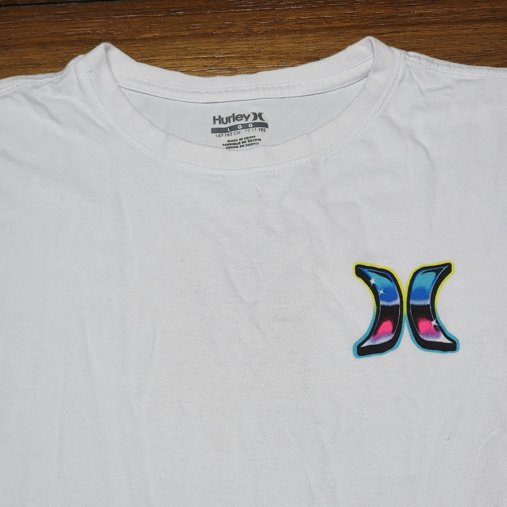 Hurley Kids White Tee Side Shark Surf - Size Large (12-13 Yrs)