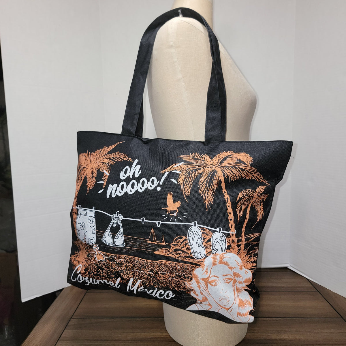 Black Cozumel Mexico Canvas Tote w/ Zipper "oh noooo!"