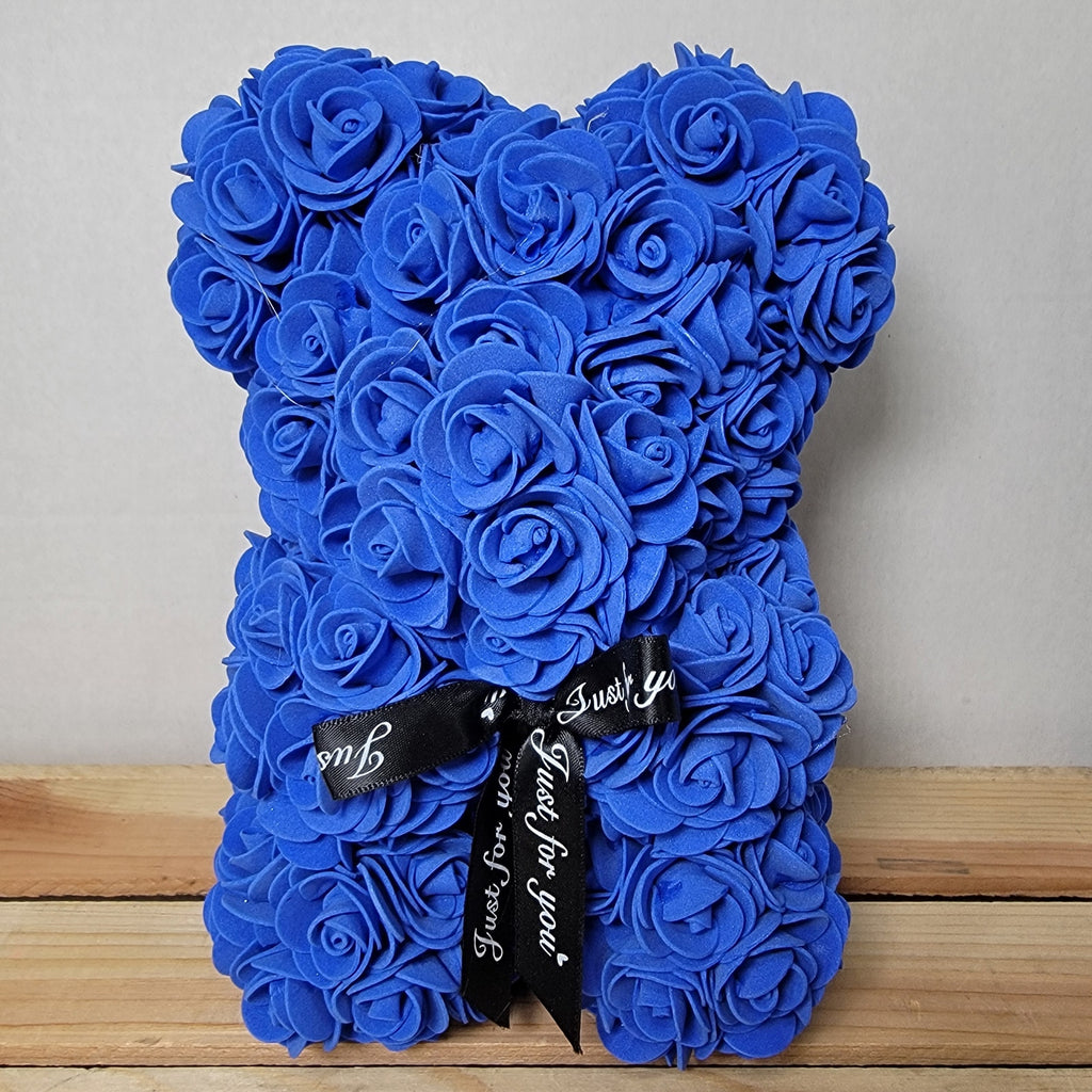 Dark Blue Foam Rose Teddy Bear w/ "Just For You" Ribbon