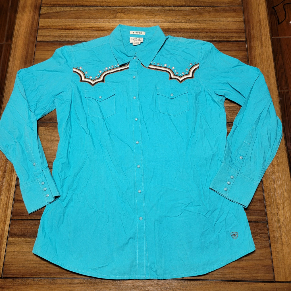 Ariat LS Pearl Snap Teal Fitted Western Shirt w/ Bling - Size XL