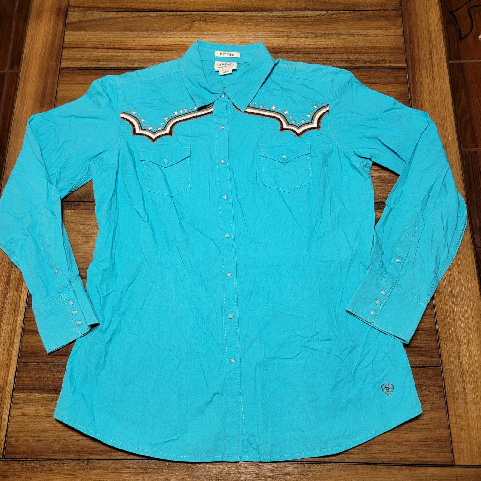 Ariat LS Pearl Snap Teal Fitted Western Shirt w/ Bling - Size XL
