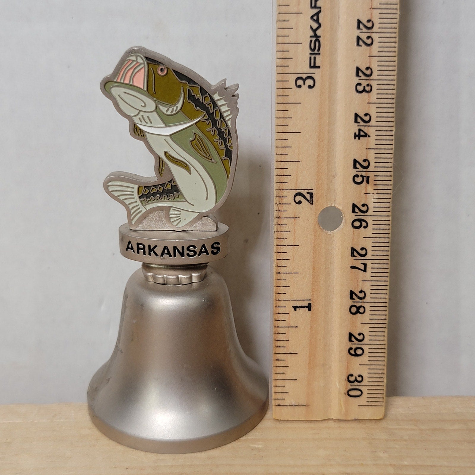 Silver-Toned Metal Arkansas State Souvenir Bell w/ Bass Fish Topper