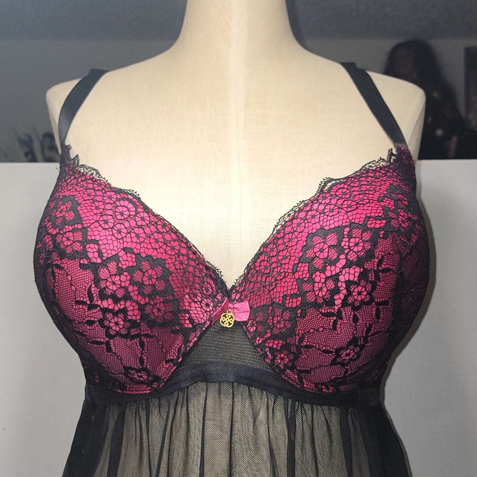 Daisy Fuentes Pink & Black Lace Sheer Babydoll Lingerie - Size 2X