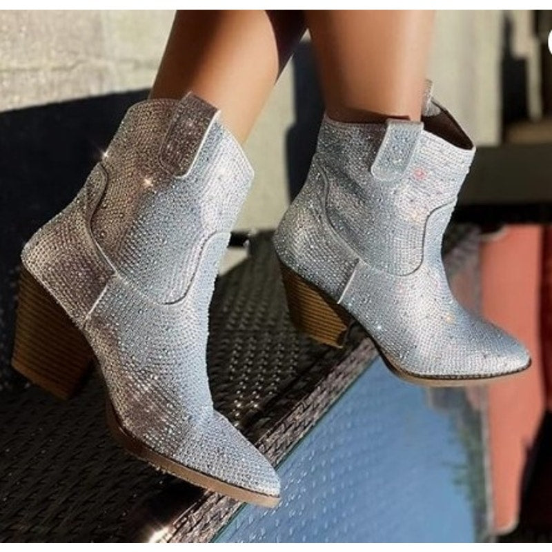 Forever Silver Rhinestone Cowboy Ankle Boots - Size 7