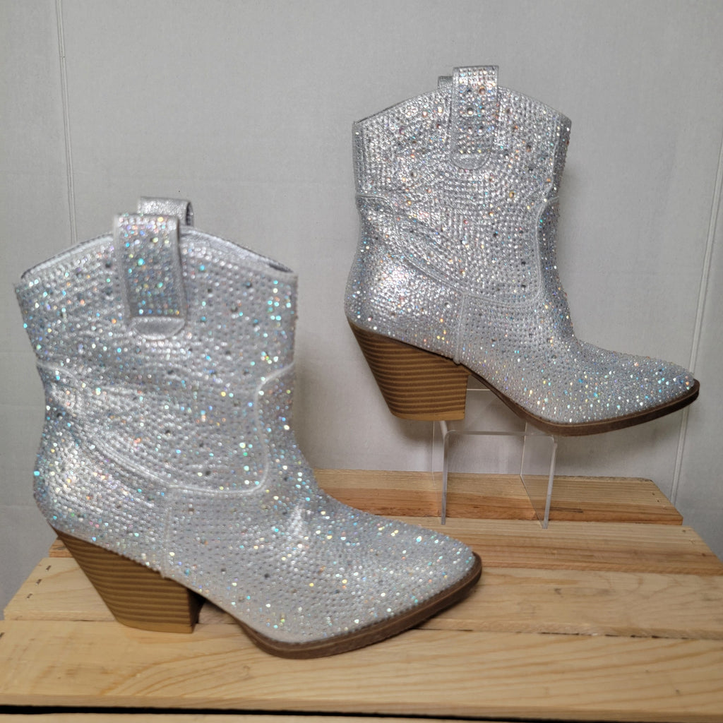 Forever Silver Rhinestone Cowboy Ankle Boots - Size 7
