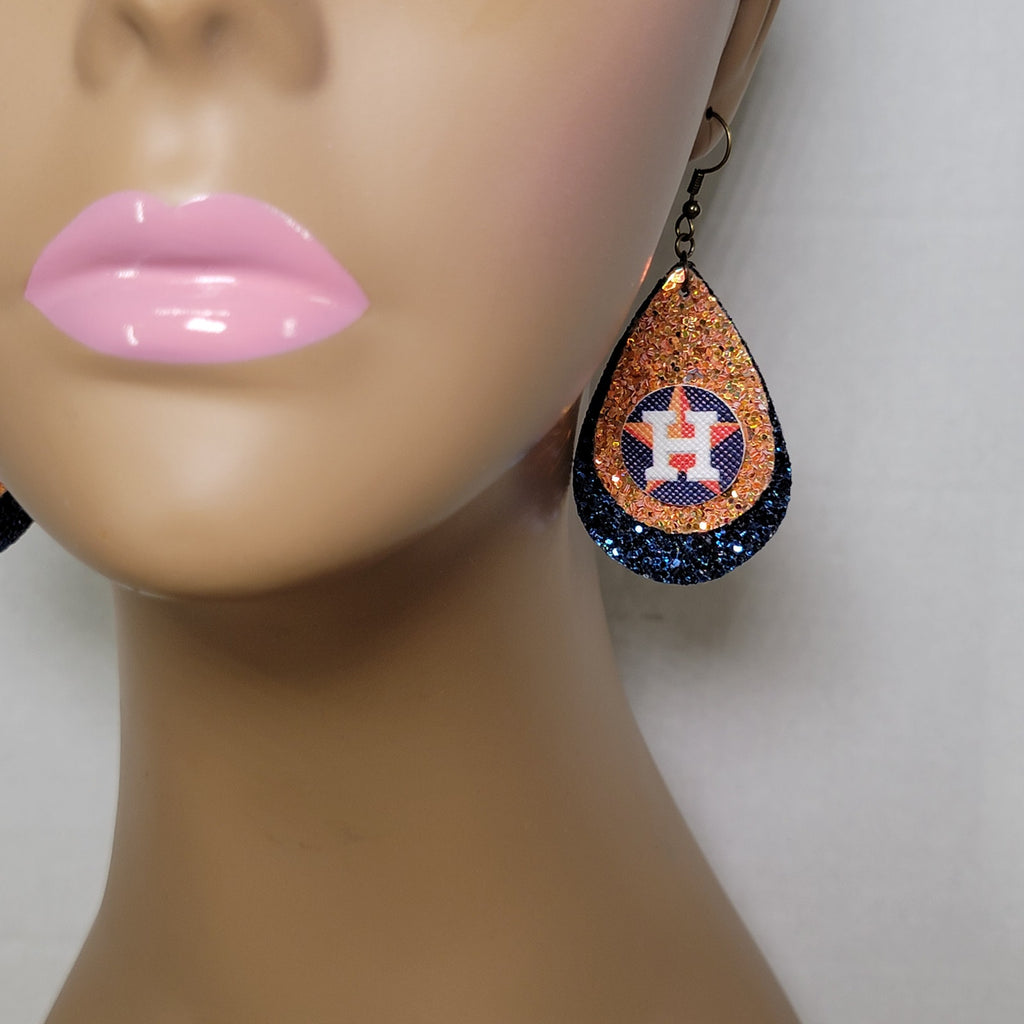 Houston Astros Orange and Blue Tear Drop Glitter Hook Earrings