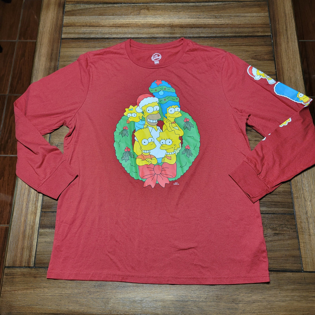 The Simpsons LS Red Christmas Tee Family Pic in Wreath - Size XL