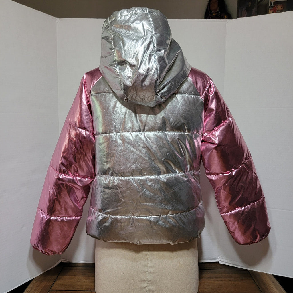 Old Navy Girls Full Zip Hooded Silver / Pink Shimmer Puffer Coat - XL (14-16)