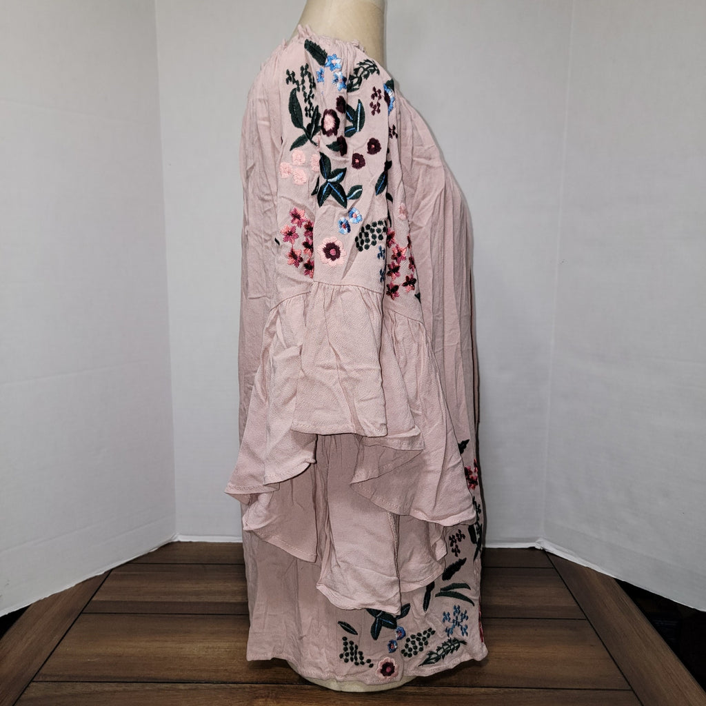 Altar'd State Long Pink Embroidered Blouse w/ Flared Sleeves - Size Small
