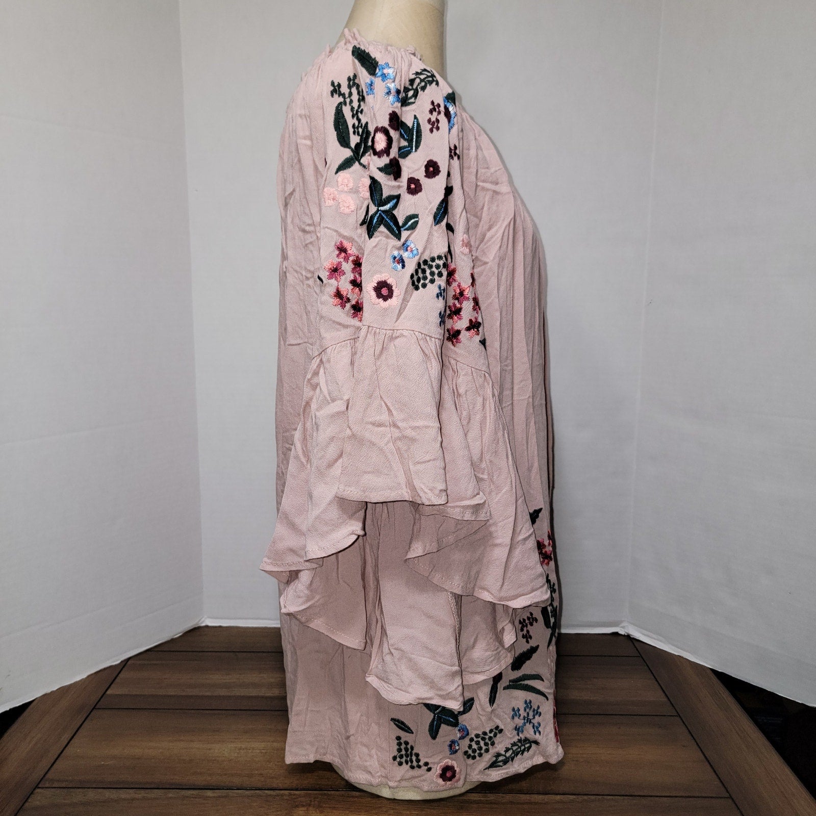 Altar'd State Long Pink Embroidered Blouse w/ Flared Sleeves - Size Small