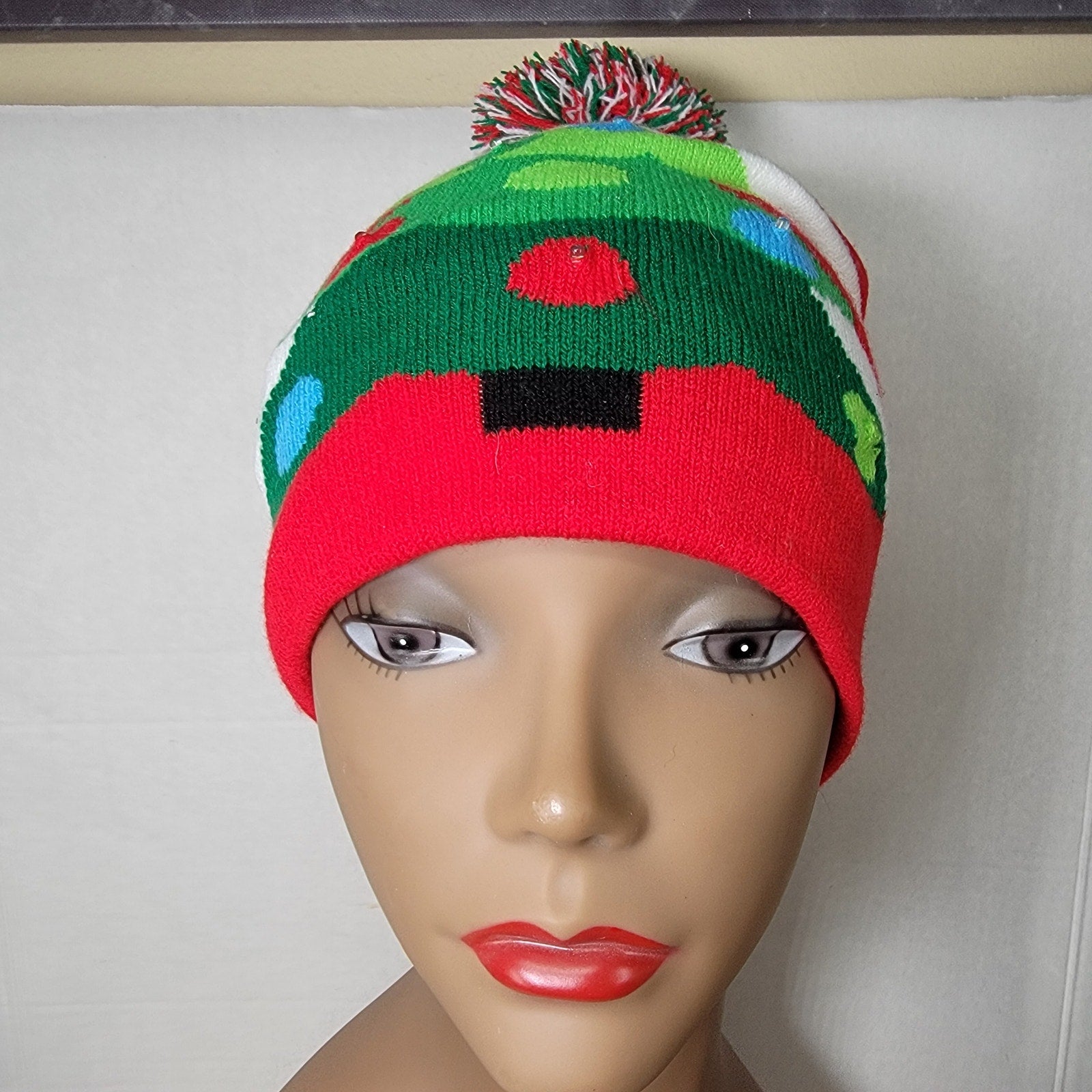 Red & White Stripe Christmas Knit Hat w/ Lights & Pom