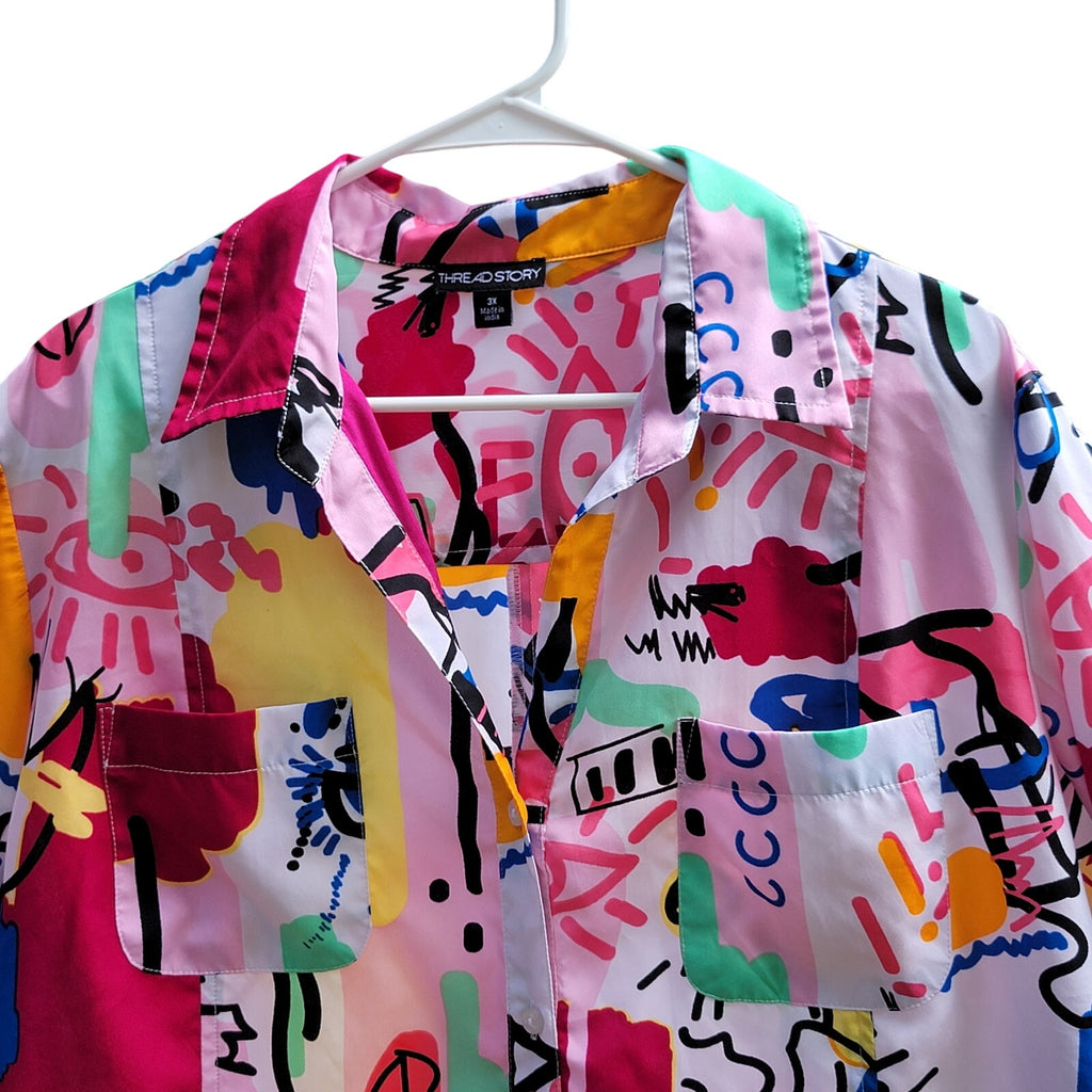 Thread Story Retro 80's Print Full Button Up Blouse - Size 3X
