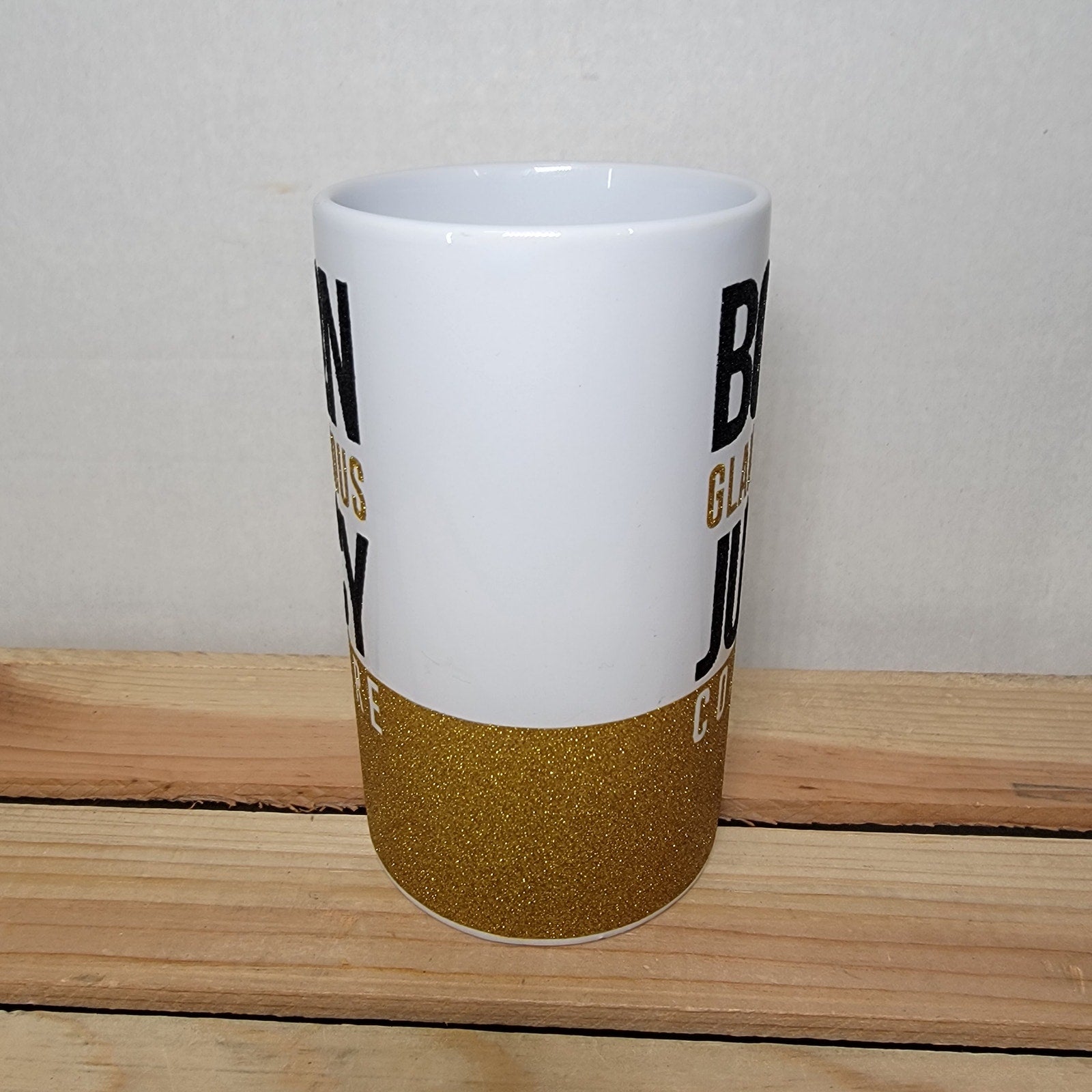 Juicy Couture Tall White Ceramic Mug w/ Gold Glitter "Born Glamorous"