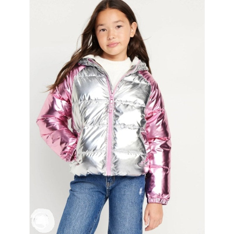 Old Navy Girls Full Zip Hooded Silver / Pink Shimmer Puffer Coat - XL (14-16)