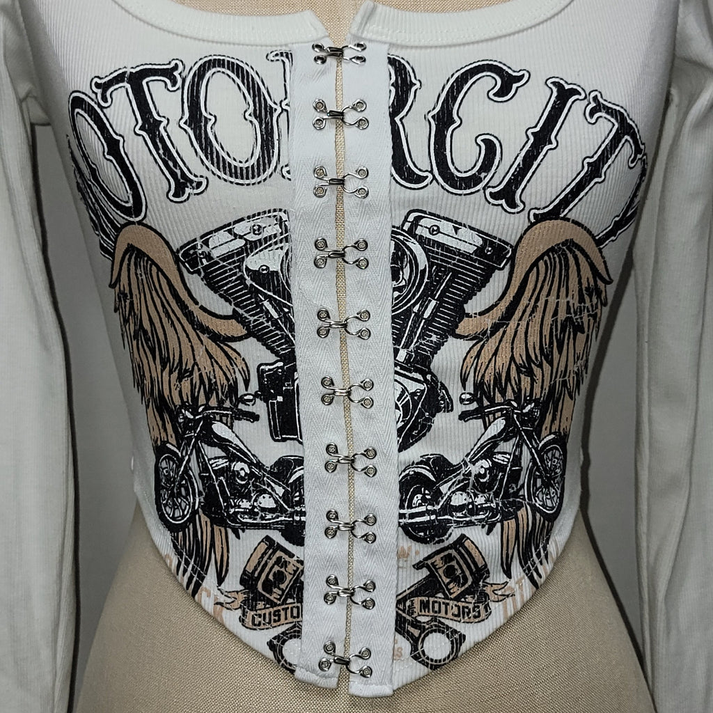 Fashion Nova LS Ribbed Tee Front Hook Closure "Motor City" - Junior Medium