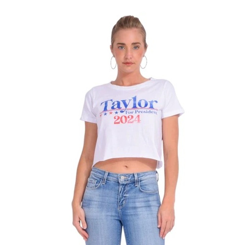 Taylor (Swift) For President 2024 White Crop Distressed Tee - Size Junior Large