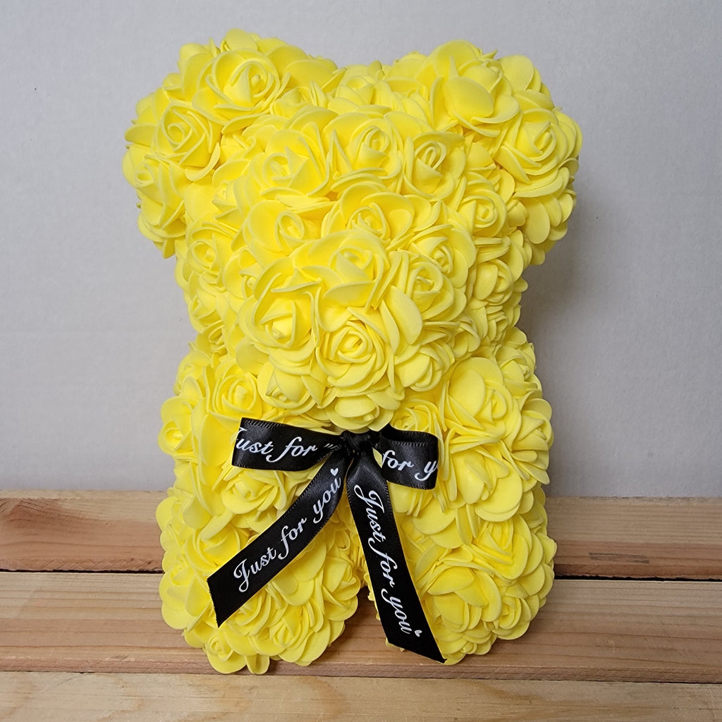 Yellow Foam Rose Teddy Bear w/ "Just For You" Ribbon